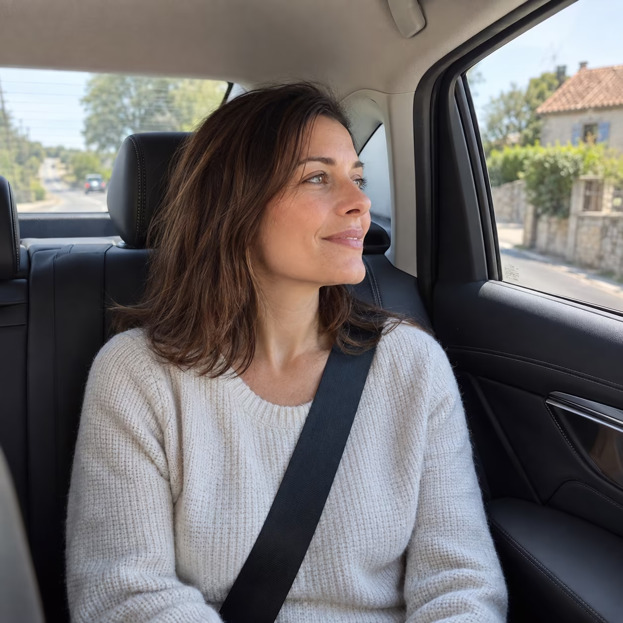 RF Driver client looking out the window during a private chauffeur ride in the Oise